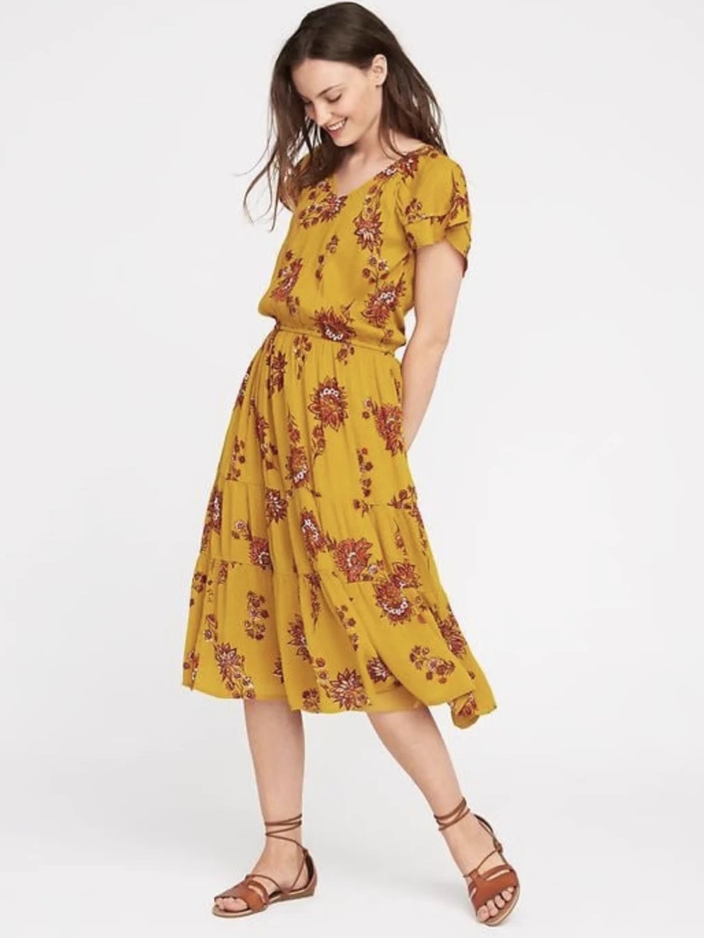 NWT Old Navy Dress Yellow Floral Tiered Midi Dress